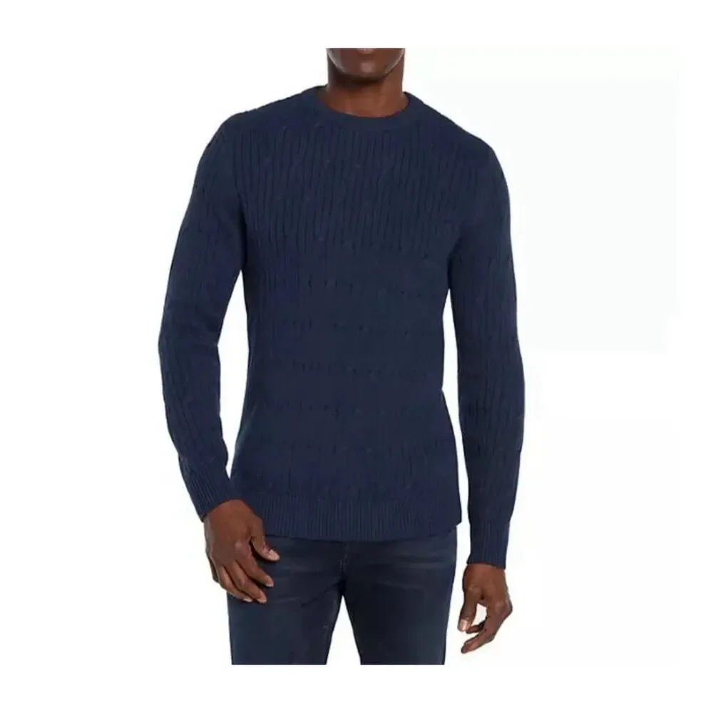 Express Men's Braided Cable Knit Sweater Long Sleeves‎ Crew Neck Pageant Blue, L